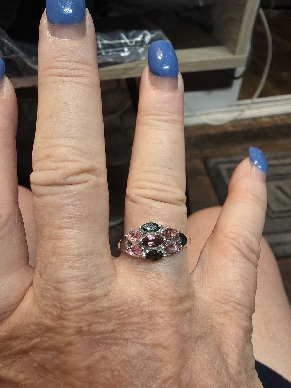 Tourmaline Multi- Colored Sterling Ring in Pink and Green Size 8